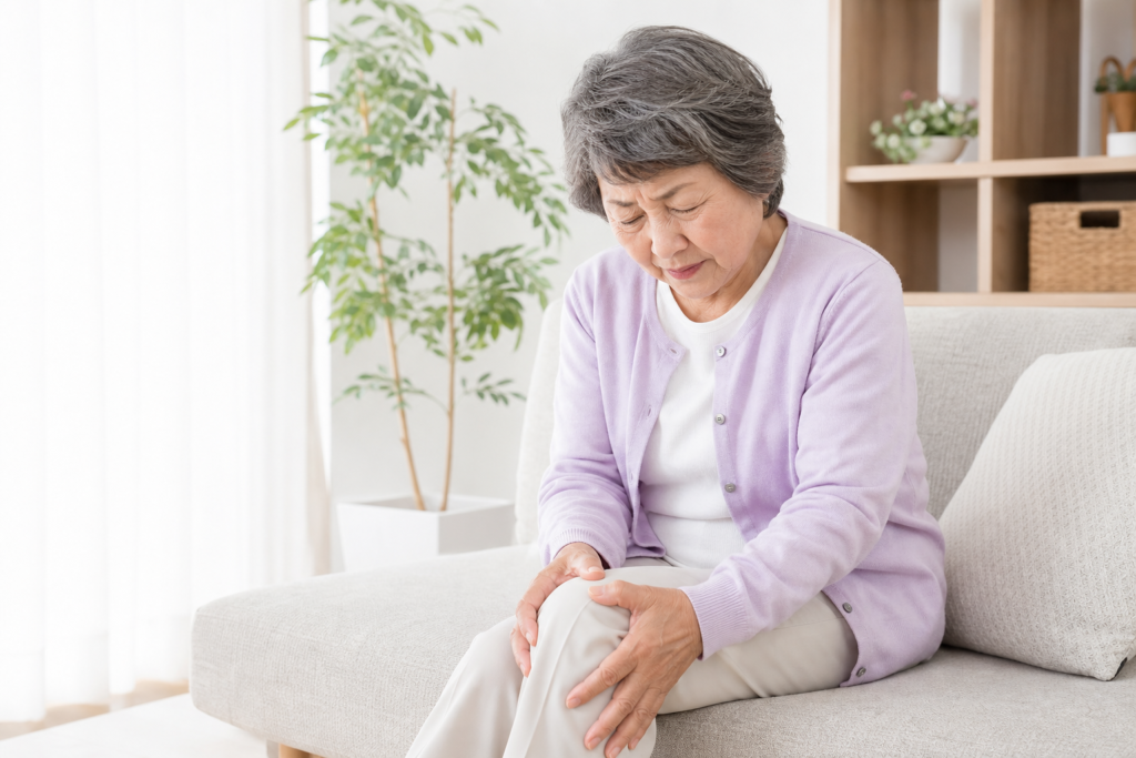 膝の痛みに困り、膝を押さえて座る高齢女性